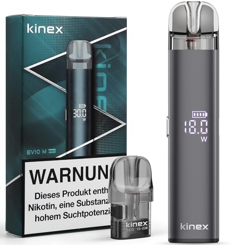 KINEX E Zigarette Pod System Starterset, EVIO M PRO mit Einstellbarem Luftstrom DTL zu MTL, 1100mAh 6W-30W Aufladbar Vape Kit mit 2 Nachfüllbar Kartusche 2,8ml, Ohne Nikotin Ohne Liquid, Dunkelgra