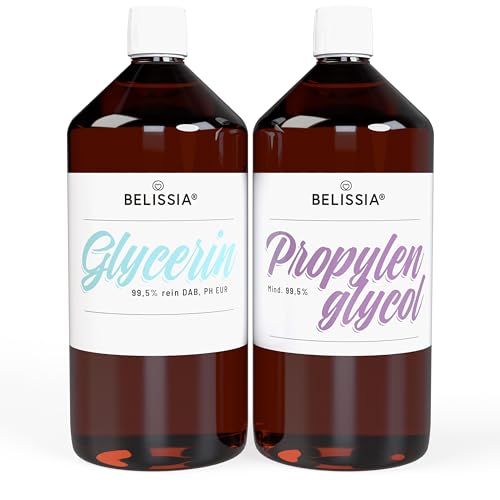 Belissia Glycerin 1000ml + Propylenglycol 1000ml - Hochreines VG Glycerin (99,5%) flüssig E422 1000ml + PG Propylenglykol (99,9%) flüssig E1520 1000ml - Rein, Vegan, 0% Zusatzstoff