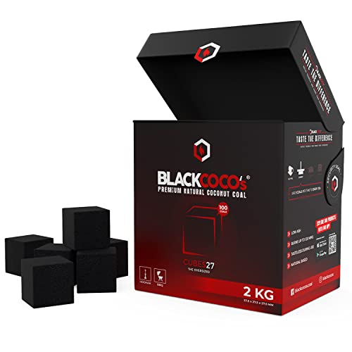 BLACKCOCO’s Shisha Kohle 2KG CUBES27+ Naturkohle Kokosnuss & BBQ - Hochwertige Kokos Coal Briketts für Wasserpfeife & Grill - Shisha Würfel Kohlen & Grillkohle mit Langer Brennda
