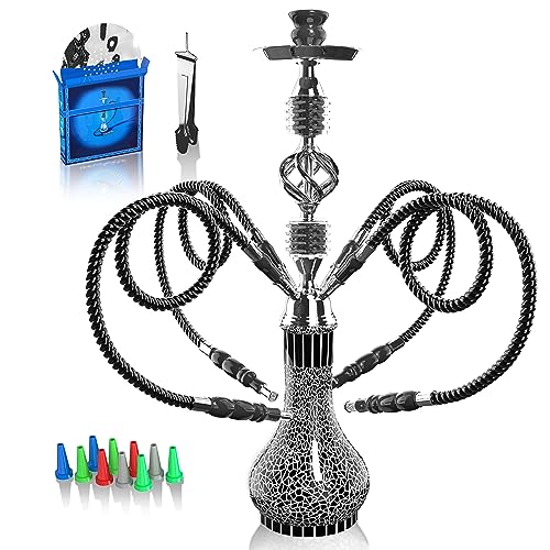 Shisha Komplettset mit 4 Schläuchen, 22'' Großes Shisha Kit für bis zu 4 Personen mit allem inklusive, Keramikschüssel | Premium-Schlauch| Schöne Glasvase (Schwarz GF1)