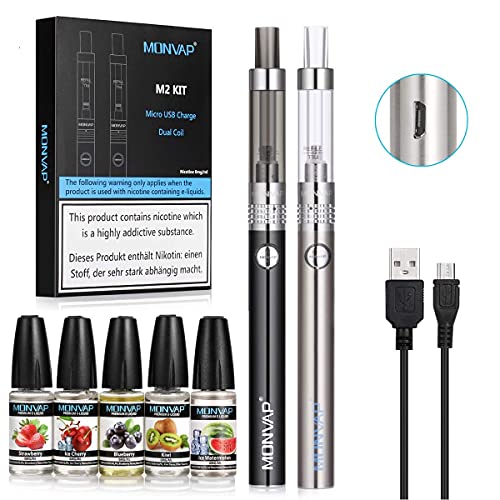 E Zigarette Starter Set, MONVAP M2 Komplettset ohne Nikotin, 2er E Zigaretten + 5er E-Liquids, Micro-USB-Aufladung, Spule austauschbar Verdampfer 1.6ohm 2ml, E Shisha Doppelset Vape Pen 0.0m