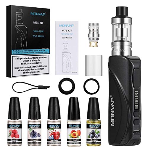 E Zigarette 75W, MONVAP M75 Starter Set mit 5x10ml E Liquid, 2600mAh Build-in Vape Akkuträger, Top Refill Verdampfer 0,3ohm 2ml E Dampfer, E Shisha Kit ohne Nikotin 0,0m