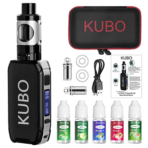 E Zigarette Shisha Starterset und 5x10ml E liquid 100W Mod Kit mit 0,5 Ohm/ 3,0ml Verdampfer 2200mah Akku Dampfer Vape, Regelbare Watt LED Bildschirm 0,0mg Nikotin KUBO LZ100W – Schwarz