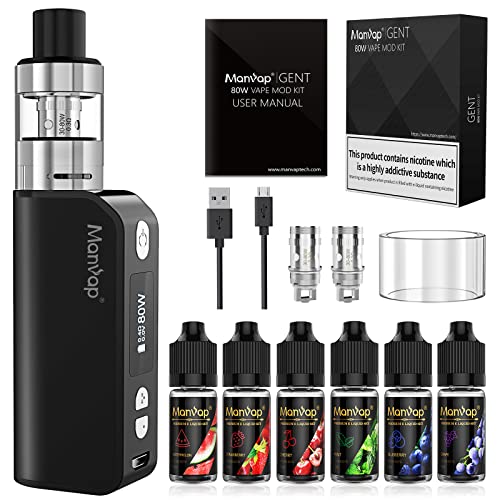 Manvap E Zigarette 80W E Shisha mit 0.3 Ohm 2ml Verdampfer Tank, 2200mah Akku Kit,Regelbare Watt LED Bildschirmmit 6x10ml E Liquid 0,0mg Nikoti