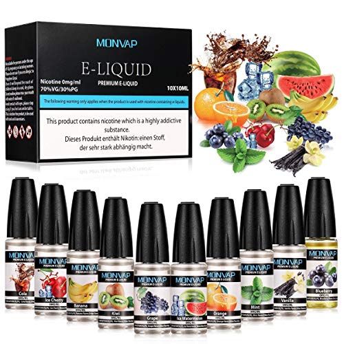 E Liquids ohne Nikotin,E-liquid 10 x 10ml, E-Zigaretten Liquid Set 70VG/30PG, E-Juice Nikotinfrei, 0,0 mg Nikotin 10er Pack