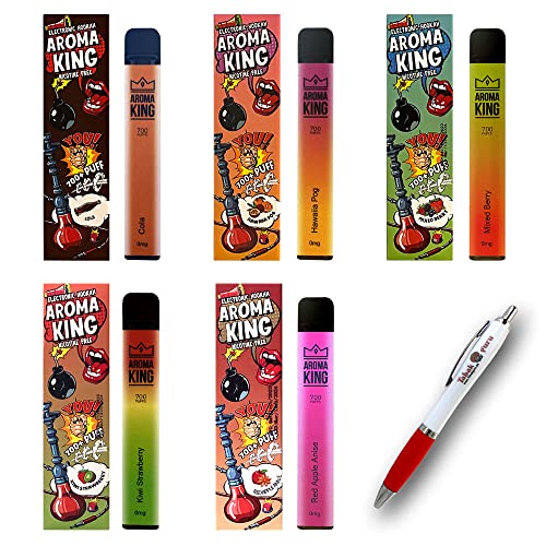 E-Liquid 5 x Aroma King/AK Einweg E-Shisha SWEET SET #2 mit 0mg Nikotin, je 700 Züge + Tabakguru Kugelschreiber(nicht wählbar)