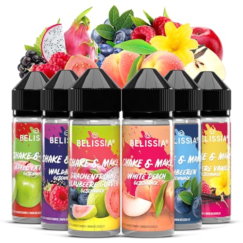Belissia Shake and Make Set Greatest Hits - 6x10ml hochdosiertes Lebensmittelaroma + 120ml Schüttelflasche - Für Backen, Speisen, Getränke, Shakes, DIY & Raumduft - Vegan, ohne Zusatzstoff