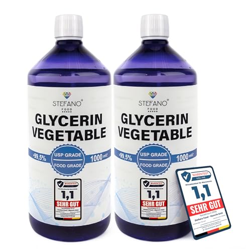 STEFANO FOOD Glycerin flüssig 2l (VG) - 99,7% Reinheit - 100% Pflanzenbasiert - USP Lebensmittelqualität - E422 - Pflanzliches Glycerin - Sicherheitsverschluss (2x1000ml)